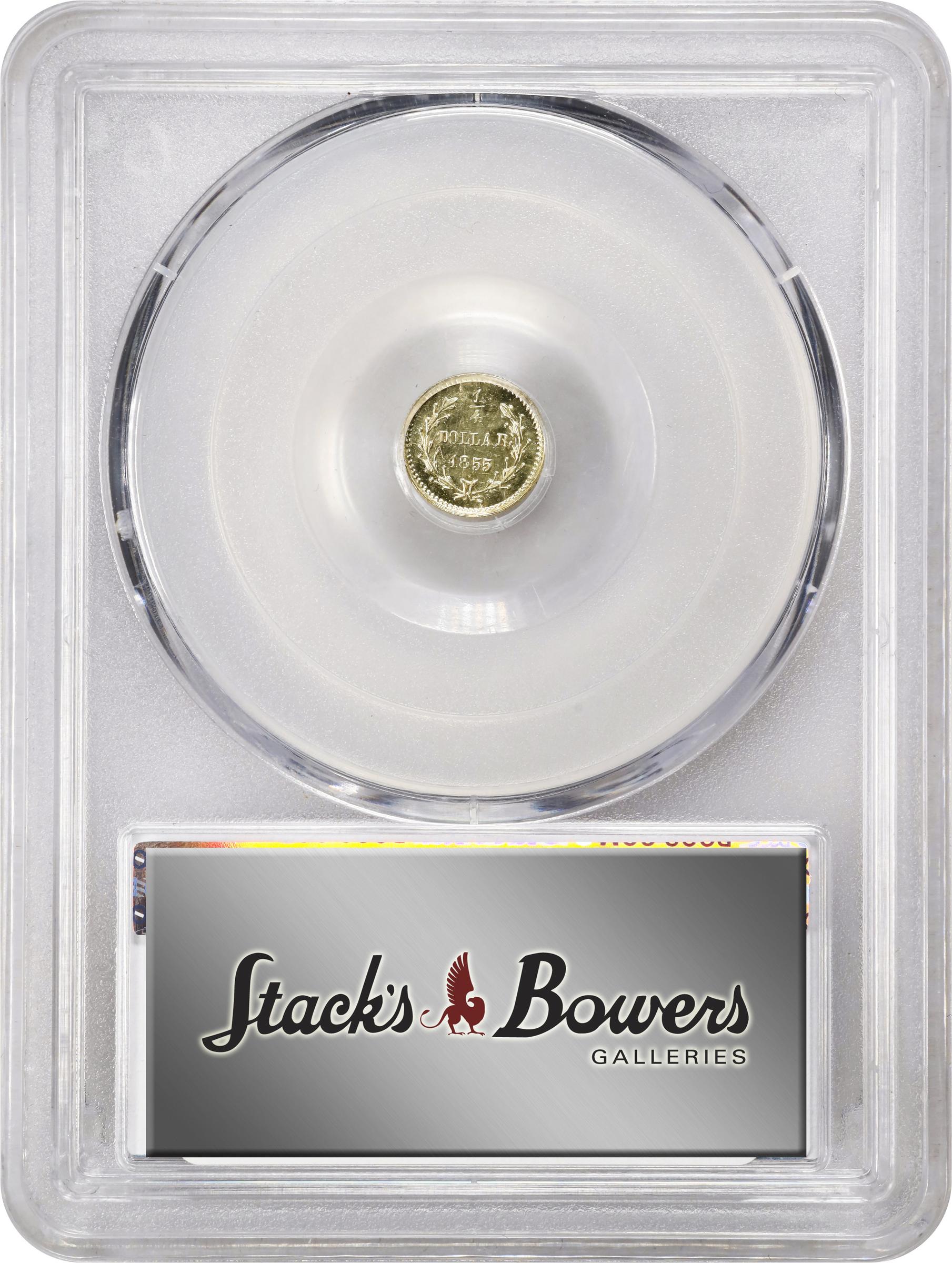 image for: 1855 Round 25 Cents. Liberty Head. BG-227. Rarity-6. MS-64 (PCGS).