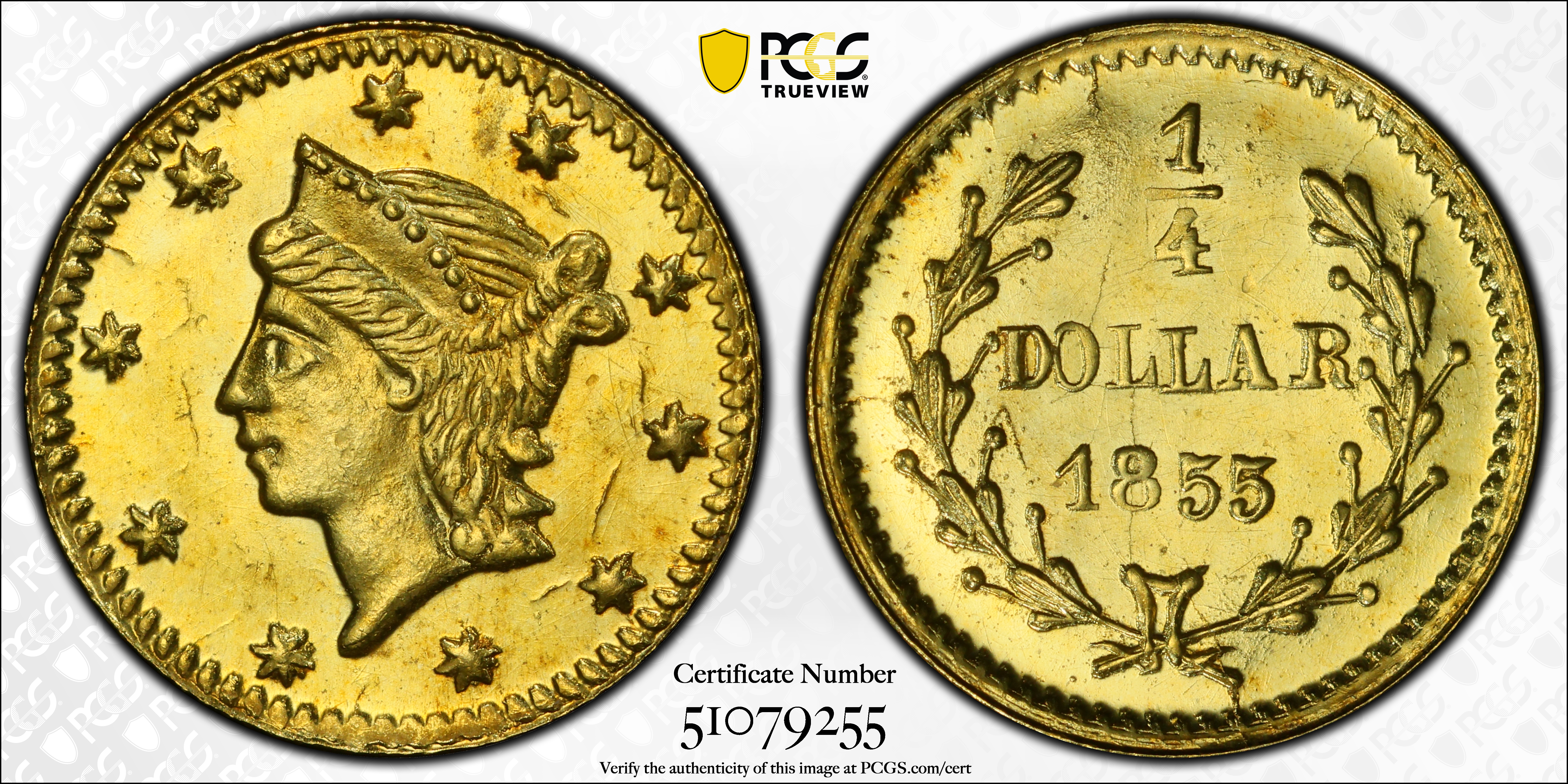 image for: 1855 Round 25 Cents. Liberty Head. BG-227. Rarity-6. MS-64 (PCGS).