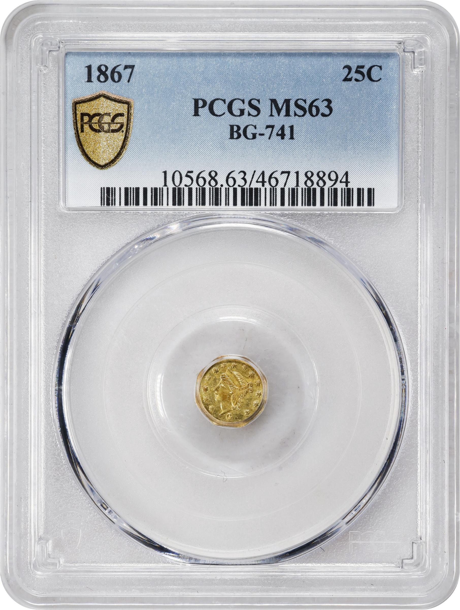 image for: 1867-G Octagonal 25 Cents. BG-741. Rarity-5. Liberty Head. MS-63 (PCGS).