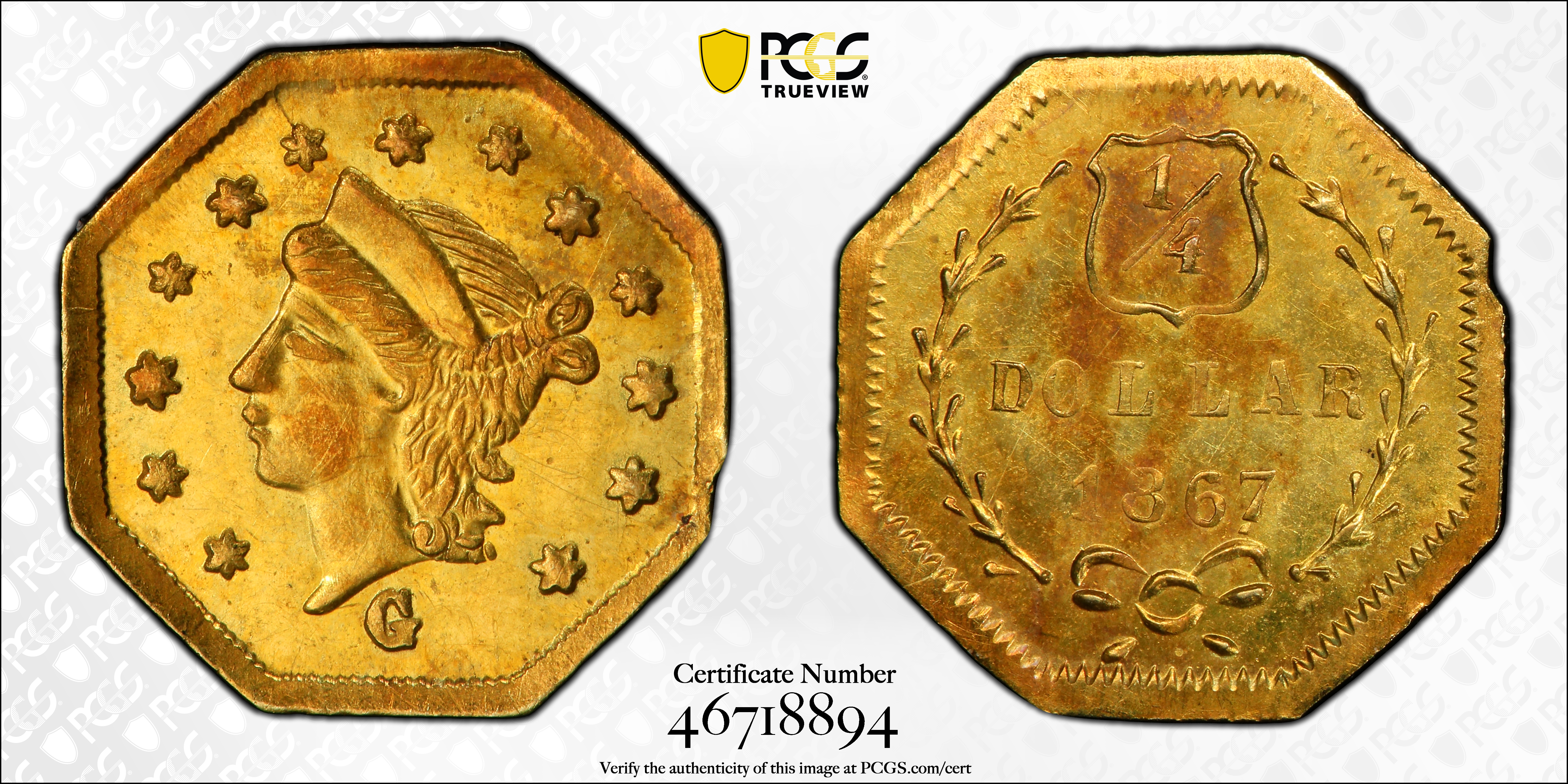 image for: 1867-G Octagonal 25 Cents. BG-741. Rarity-5. Liberty Head. MS-63 (PCGS).