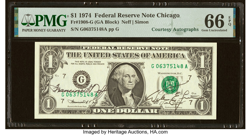 image for: Francine I. Neff and William E. Simon Dual Courtesy Autographed Fr. 1908-G $1 1974 Federal Reserve Note. PMG Gem Uncirculated ...