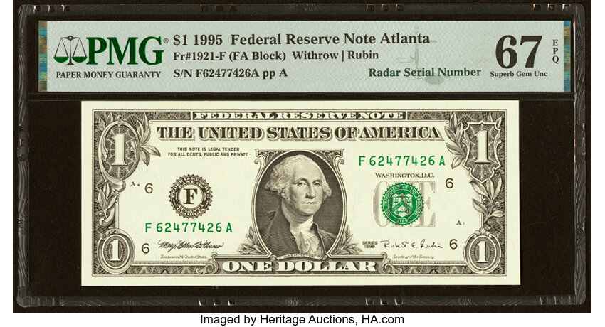image for: Radar Serial Number 62477426 Fr. 1921-F $1 1995 Federal Reserve Note. PMG Superb Gem Unc 67 EPQ....