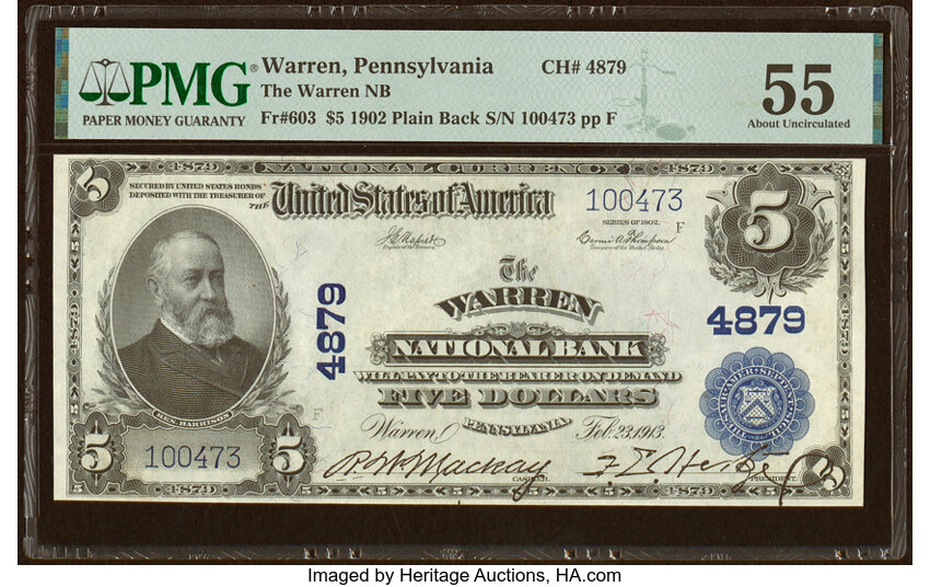 image for: Warren, PA - $5 1902 Plain Back Fr. 603 The Warren National Bank Ch. # 4879 PMG About Uncirculated 55....