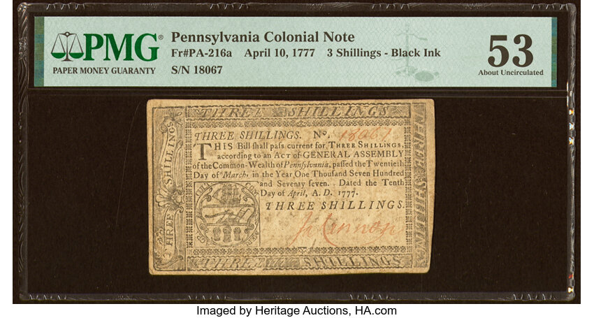image for: Pennsylvania April 10, 1777 3s PMG About Uncirculated 53....