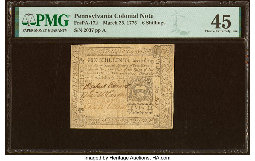 image for: Pennsylvania March 25, 1775 6s PMG Choice Extremely Fine 45....