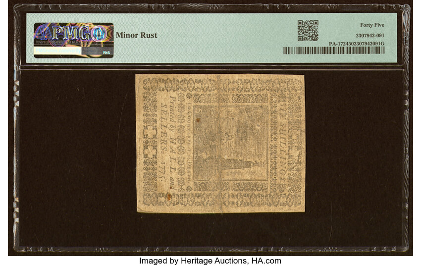 image for: Pennsylvania March 25, 1775 6s PMG Choice Extremely Fine 45....