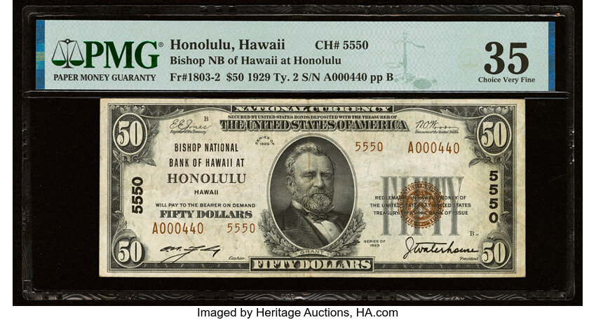 image for: Honolulu, HI - $50 1929 Ty. 2 Bishop National Bank of Hawaii at Honolulu Ch. # 5550 PMG Choice Very Fine 35....