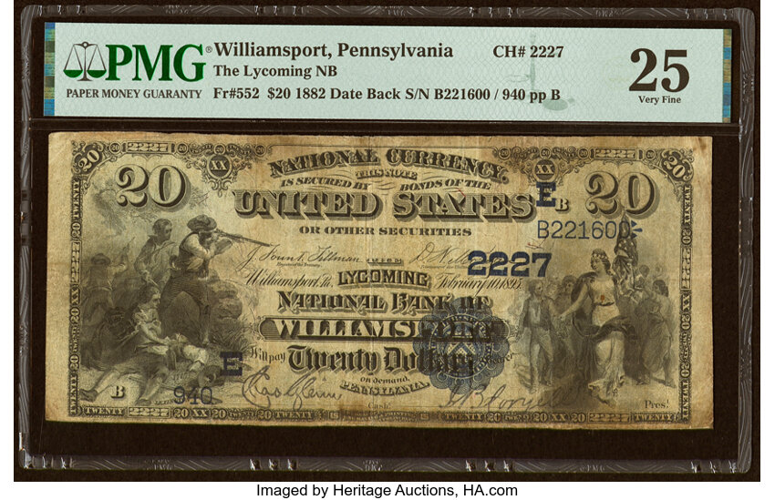 image for: Williamsport, PA - $20 1882 Date Back Fr. 552 The Lycoming National Bank Ch. # (E)2227 PMG Very Fine 25....