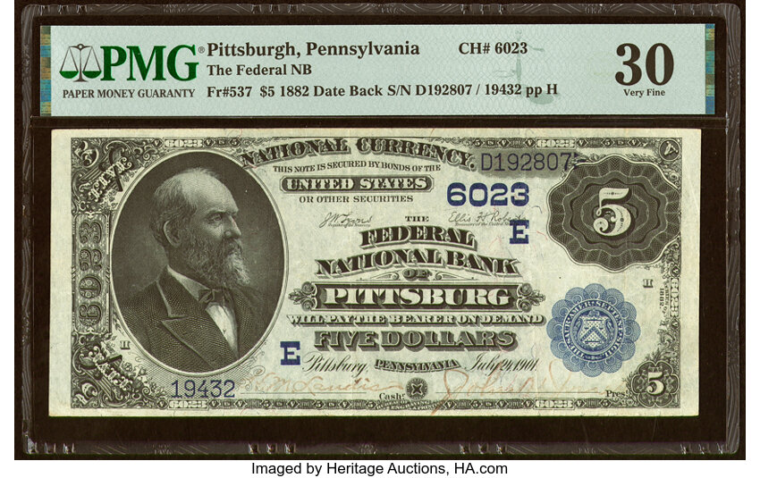 image for: Pittsburgh, PA - $5 1882 Date Back Fr. 537 The Federal National Bank Ch. # (E)6023 PMG Very Fine 30....