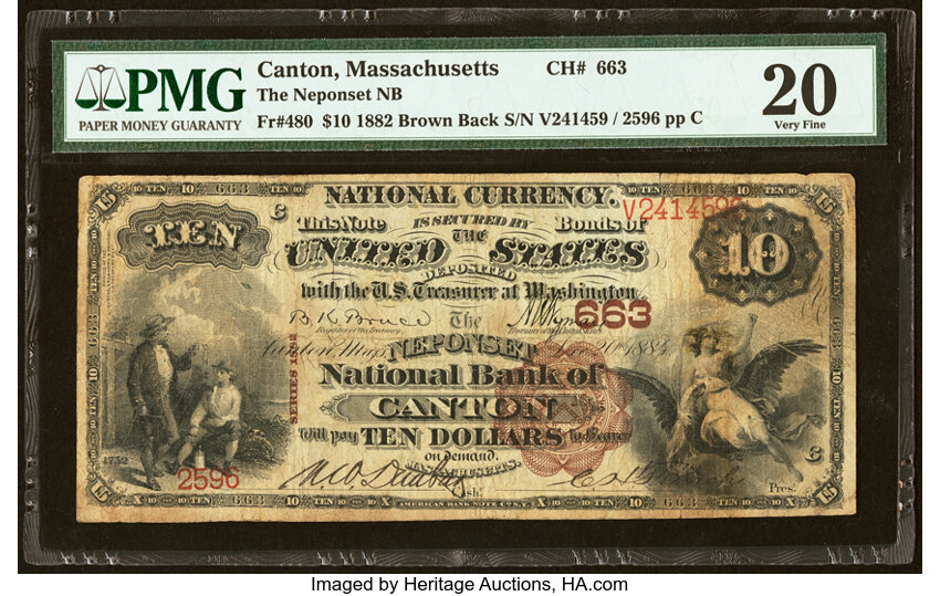 image for: Canton, MA - $10 1882 Brown Back Fr. 480 The Neponset National Bank Ch. # 663 PMG Very Fine 20....
