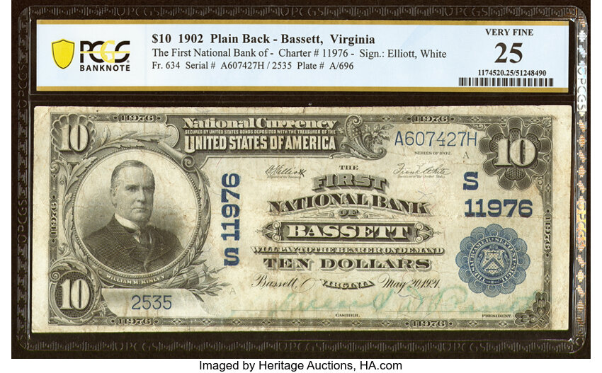 image for: Bassett, VA - $10 1902 Plain Back Fr. 634 The First National Bank Ch. # (S)11976 PCGS Banknote Very Fine 25....