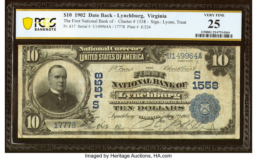 image for: Lynchburg, VA - $10 1902 Date Back Fr. 617 The First National Bank Ch. # (S)1558 PCGS Banknote Very Fine 25....