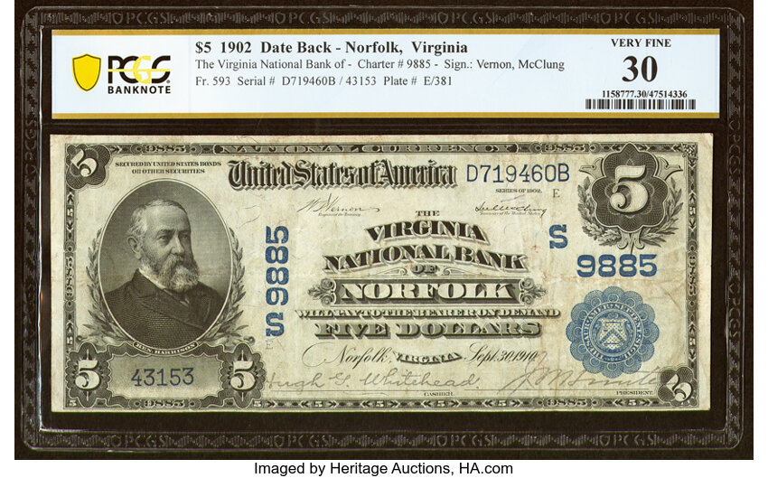 image for: Norfolk, VA - $5 1902 Date Back Fr. 593 The Virginia National Bank Ch. # (S)9885 PCGS Banknote Very Fine 30....