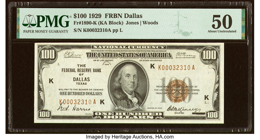 image for: Fr. 1890-K $100 1929 Federal Reserve Bank Note. PMG About Uncirculated 50....