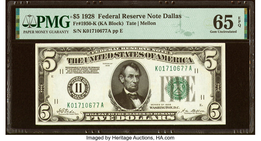 image for: Fr. 1950-K $5 1928 Federal Reserve Note. PMG Gem Uncirculated 65 EPQ....