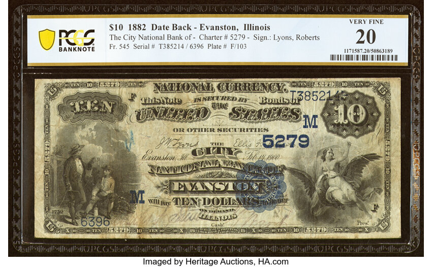 image for: Evanston, IL - $10 1882 Date Back Fr. 545 The City National Bank Ch. # (M)5279 PCGS Very Fine 20....