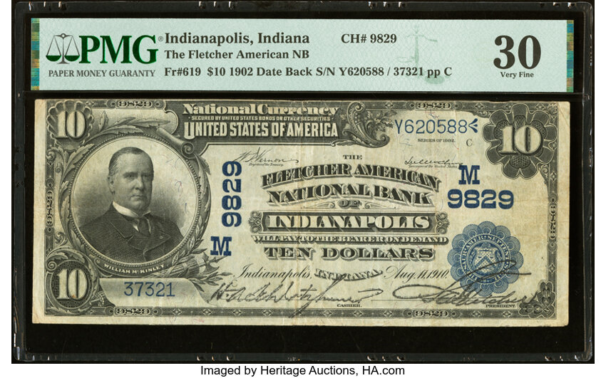 image for: Indianapolis, IN - $10 1902 Date Back Fr. 619 The Fletcher American National Bank Ch. # (M)9829 PMG Very Fine 30....