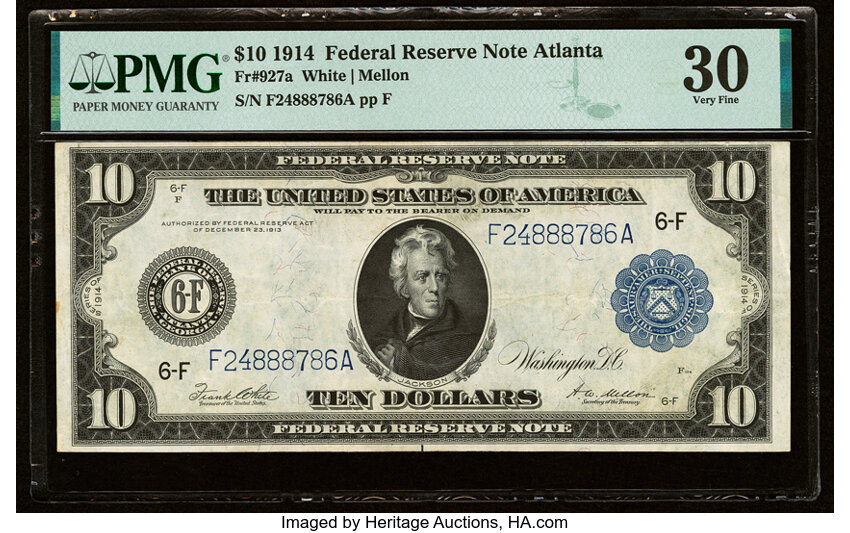 image for: Fr. 927a $10 1914 Federal Reserve Note PMG Very Fine 30....