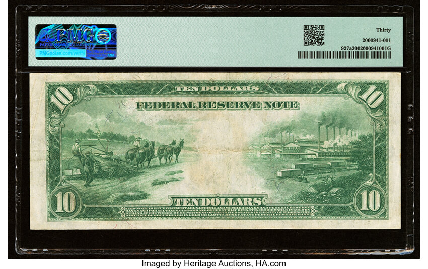 image for: Fr. 927a $10 1914 Federal Reserve Note PMG Very Fine 30....