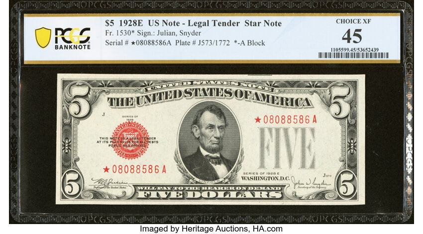 image for: Fr. 1530* $5 1928E Legal Tender Star Note. PCGS Banknote Choice XF 45....