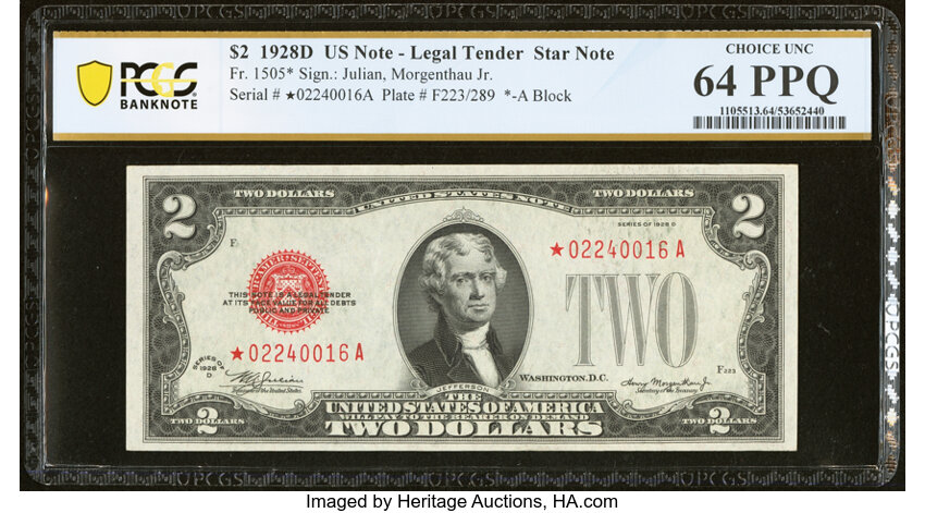 image for: Fr. 1505* $2 1928D Legal Tender Star Note. PCGS Banknote Choice Unc 64 PPQ....