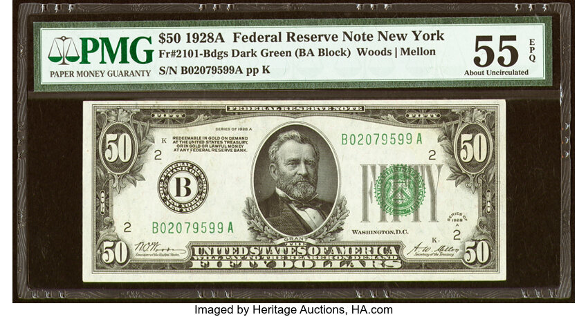 image for: Fr. 2101-B $50 1928A Federal Reserve Note. PMG About Uncirculated 55 EPQ....