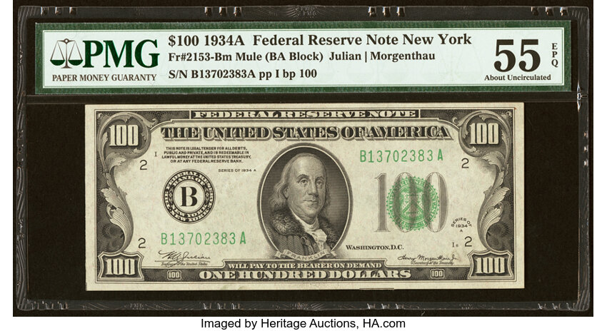 image for: Fr. 2153-B $100 1934A Mule Federal Reserve Note. PMG About Uncirculated 55 EPQ....