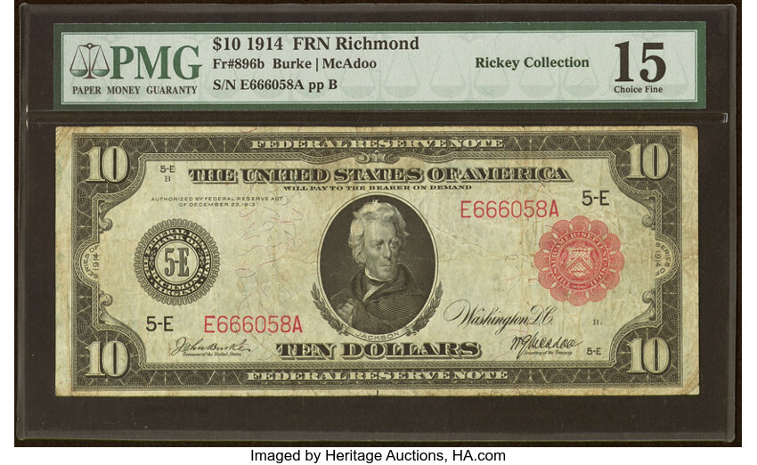 image for: Fr. 896b $10 1914 Red Seal Federal Reserve Note PMG Choice Fine 15....
