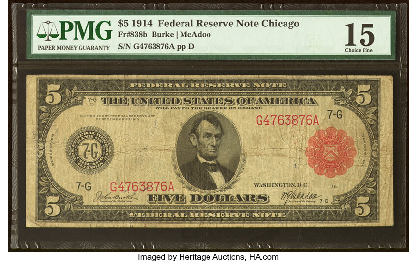 image for: Fr. 838b $5 1914 Red Seal Federal Reserve Note PMG Choice Fine 15....