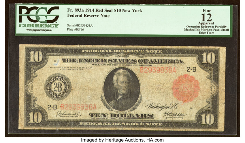 image for: Fr. 893a $10 1914 Red Seal Federal Reserve Note PCGS Apparent Fine 12....