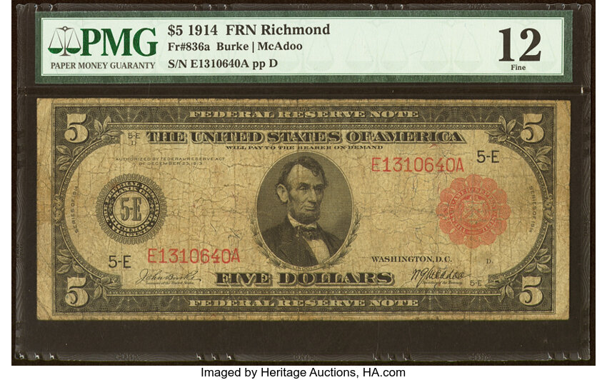 image for: Fr. 836a $5 1914 Red Seal Federal Reserve Note PMG Fine 12....