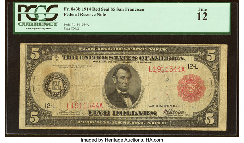 image for: Fr. 843b $5 1914 Red Seal Federal Reserve Note PCGS Fine 12....