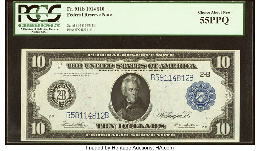 image for: Fr. 911b $10 1914 Federal Reserve Note PCGS Choice About New 55PPQ....