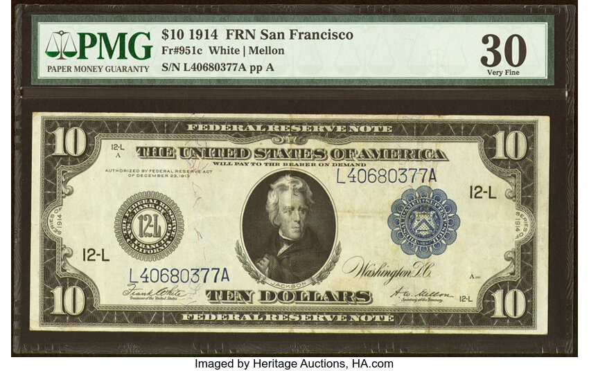 image for: Fr. 951c $10 1914 Federal Reserve Note PMG Very Fine 30....