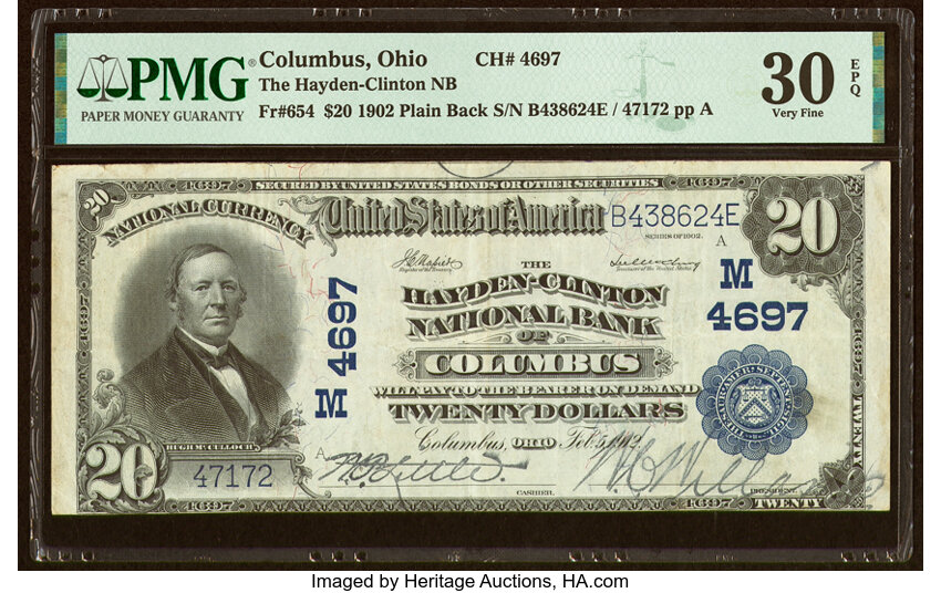 image for: Columbus, OH - $20 1902 Plain Back Fr. 654 The Hayden-Clinton National Bank Ch. # (M)4697 PMG Very Fine 30 EPQ....