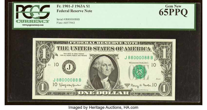 image for: Fancy Radar-Rotator Serial Number 88000088 Fr. 1901-J $1 1963A Federal Reserve Note. PCGS Gem New 65PPQ....