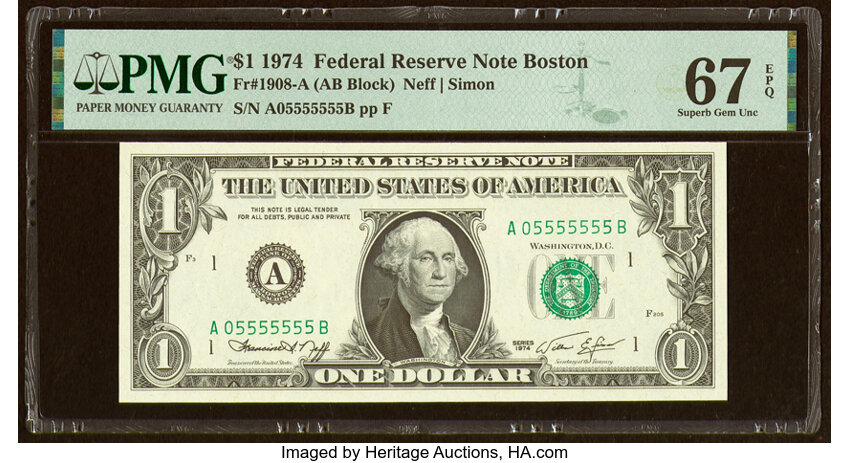 image for: Near Solid Serial Number 05555555 Fr. 1908-A $1 1974 Federal Reserve Note. PMG Superb Gem Unc 67 EPQ....