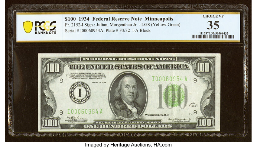 image for: Fr. 2152-I $100 1934 Light Green Seal Federal Reserve Note. PCGS Banknote Choice VF 35....