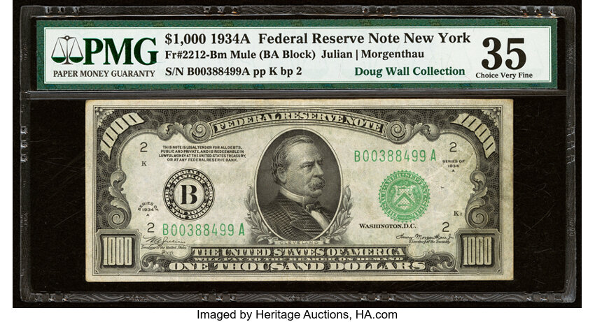 image for: Fr. 2212-B $1,000 1934A Mule Federal Reserve Note. PMG Choice Very Fine 35....
