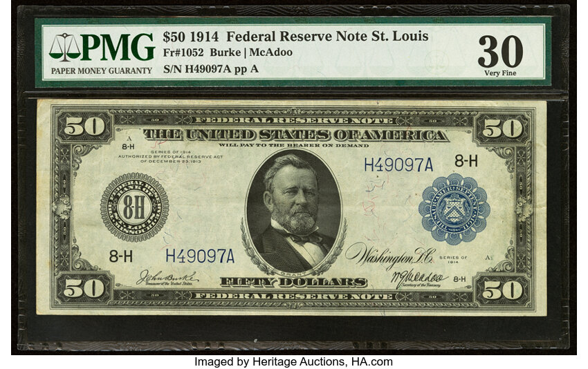 image for: Fr. 1052 $50 1914 Federal Reserve Note PMG Very Fine 30....