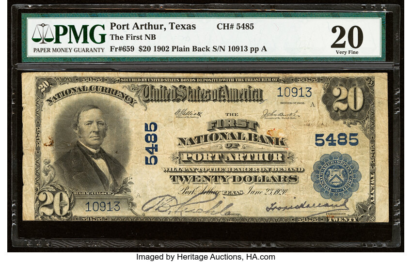 image for: Port Arthur, TX - $20 1902 Plain Back Fr. 659 The First National Bank Ch. # 5485 PMG Very Fine 20....