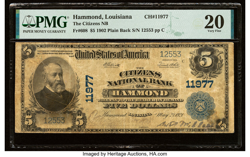 image for: Hammond, LA - $5 1902 Plain Back Fr. 608 The Citizens National Bank Ch. # 11977 PMG Very Fine 20....