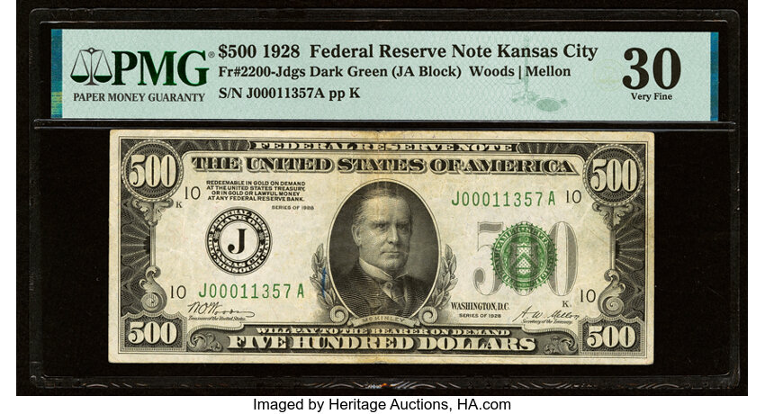 image for: Fr. 2200-J $500 1928 Federal Reserve Note. PMG Very Fine 30....
