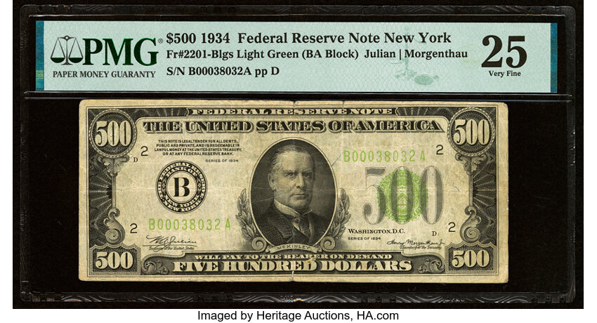 image for: Fr. 2201-B $500 1934 Light Green Seal Federal Reserve Note. PMG Very Fine 25....