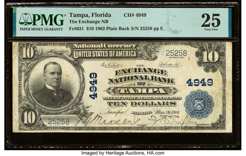 image for: Tampa, FL - $10 1902 Plain Back Fr. 631 The Exchange National Bank Ch. # 4949 PMG Very Fine 25....