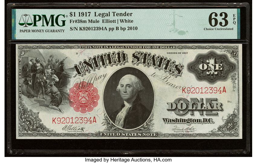 image for: Fr. 38 $1 1917 Mule Legal Tender PMG Choice Uncirculated 63 EPQ....