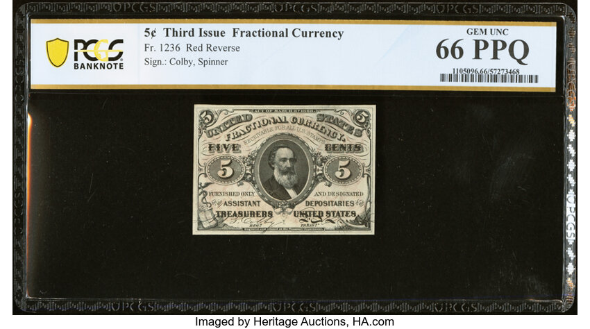 image for: Fr. 1236 5¢ Third Issue PCGS Banknote Gem Unc 66 PPQ....