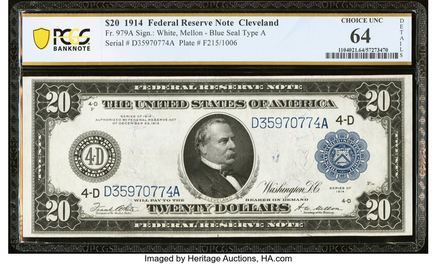 image for: Fr. 979a $20 1914 Federal Reserve Note PCGS Banknote Choice Unc 64 Details....
