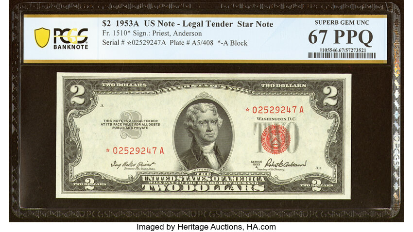 image for: Fr. 1510* $2 1953A Legal Tender Star Note. PCGS Banknote Superb Gem Unc 67 PPQ....