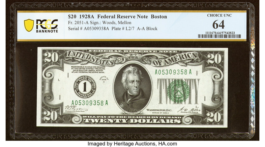 image for: Fr. 2051-A $20 1928A Federal Reserve Note. PCGS Banknote Choice Unc 64....
